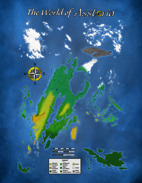 Map of 'The World of Asstoria' with a compass and legend on a blue background