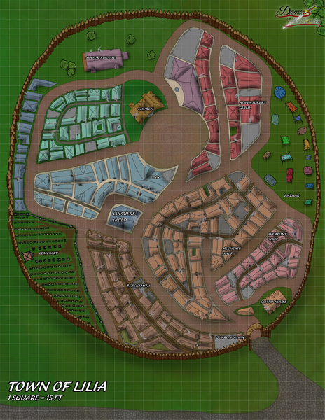 Map of the Town of Lilia with labeled buildings and areas on a grid background.