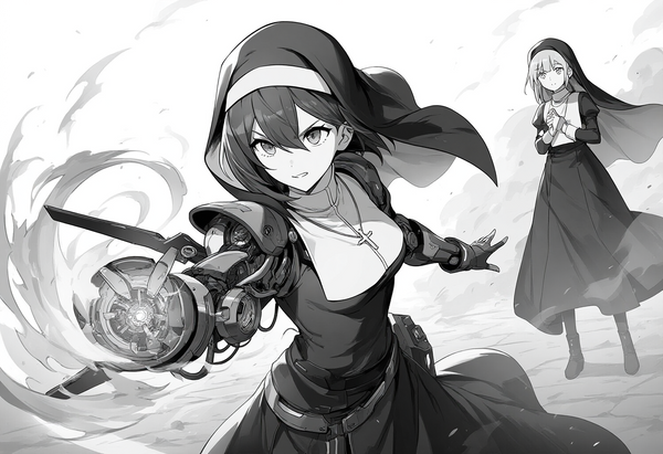 A Nun using her cybernetic weapon