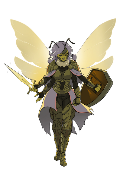 A wasp demi-fauna in full plate armor